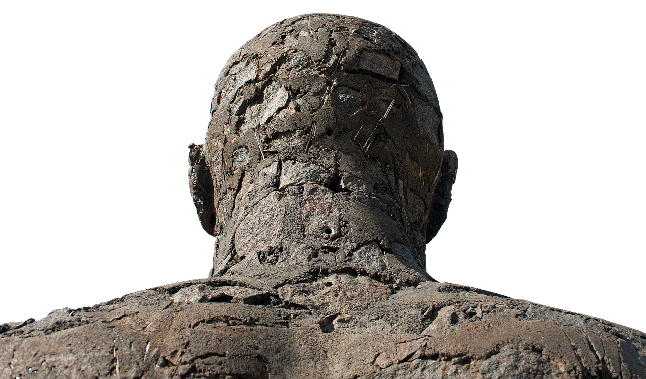 a statue of a man covered in mud, featured on zbrush central, conceptual art, back of head, egypt, 8k detail post-processing, made of stone