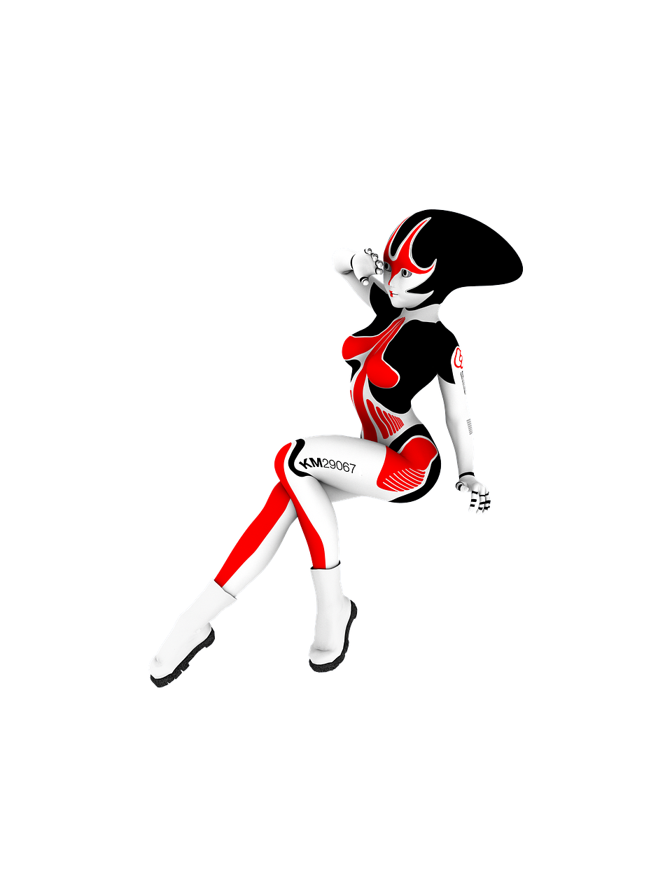 a woman in a red and white outfit flying through the air, a raytraced image, inspired by Shinoda Toko, deviantart, red and black costume!!!, tron, jester, black white red