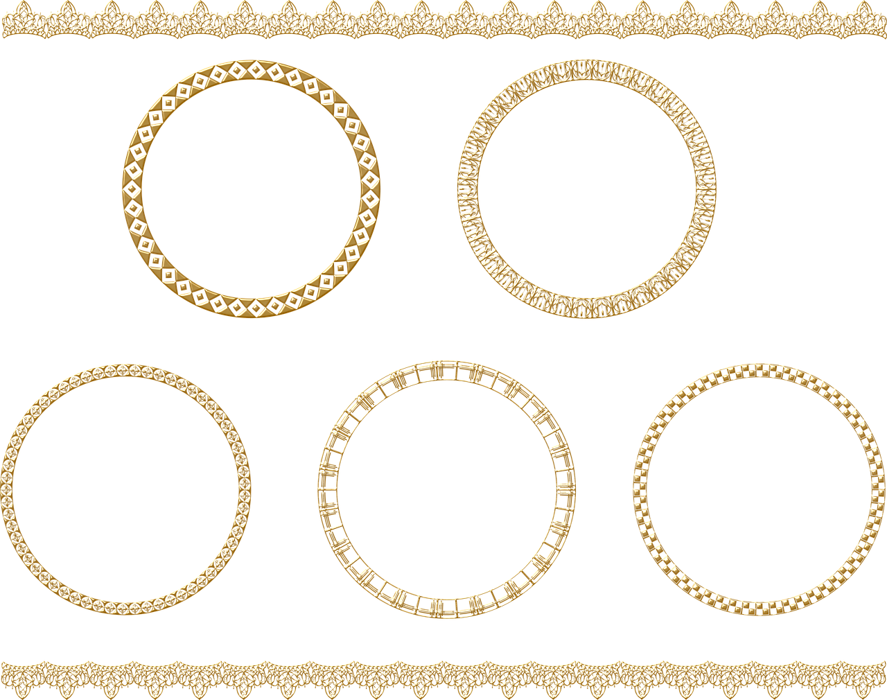 a set of gold frames on a black background, a digital rendering, round background, intricate gold jewlery, stipples, intricate detailed 8 k