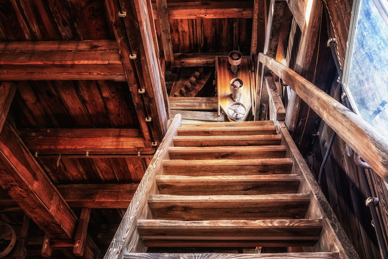 a cat sitting on top of a set of stairs, inspired by Carl Spitzweg, precisionism, inside a farm barn, highly detailed hdr, old wooden ship, pov photo
