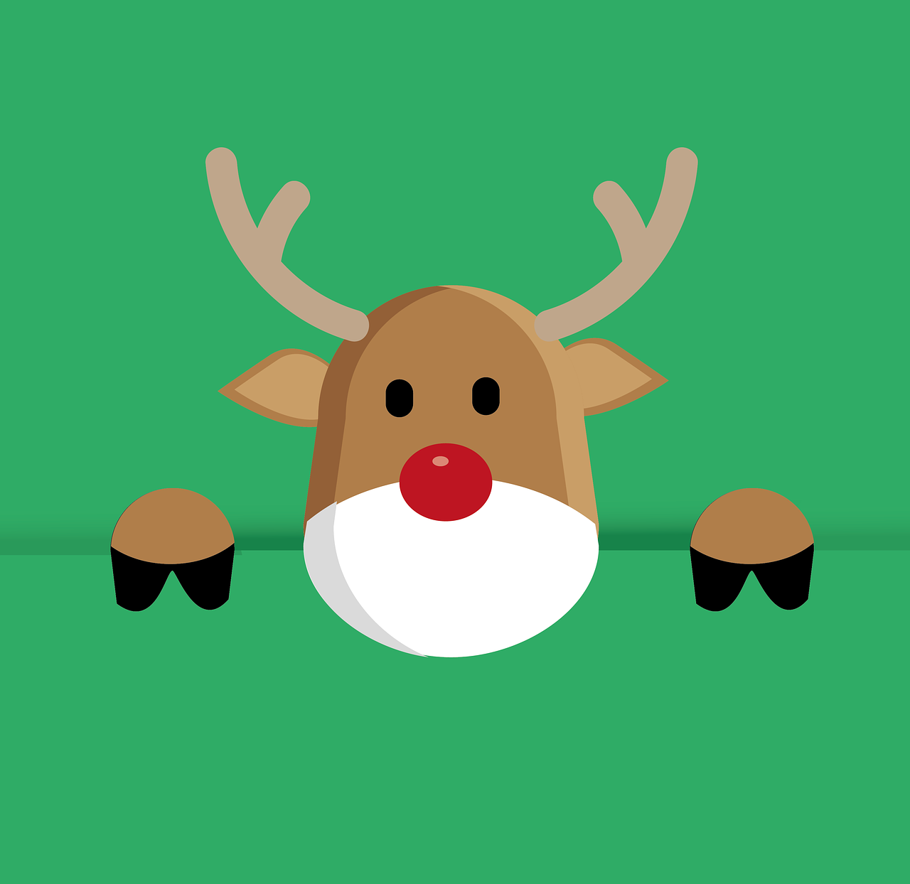 a reindeer with a red nose on a green background, happening, simple 2d flat design, hiding behind obstacles, cute artwork, front camera