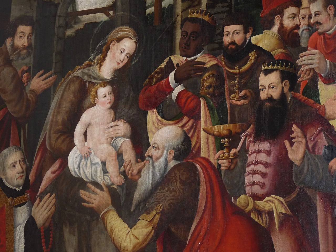 a painting of a group of people surrounding a baby, shutterstock, renaissance, santa, closeup photo, wide screenshot, c. r. stecyk iii