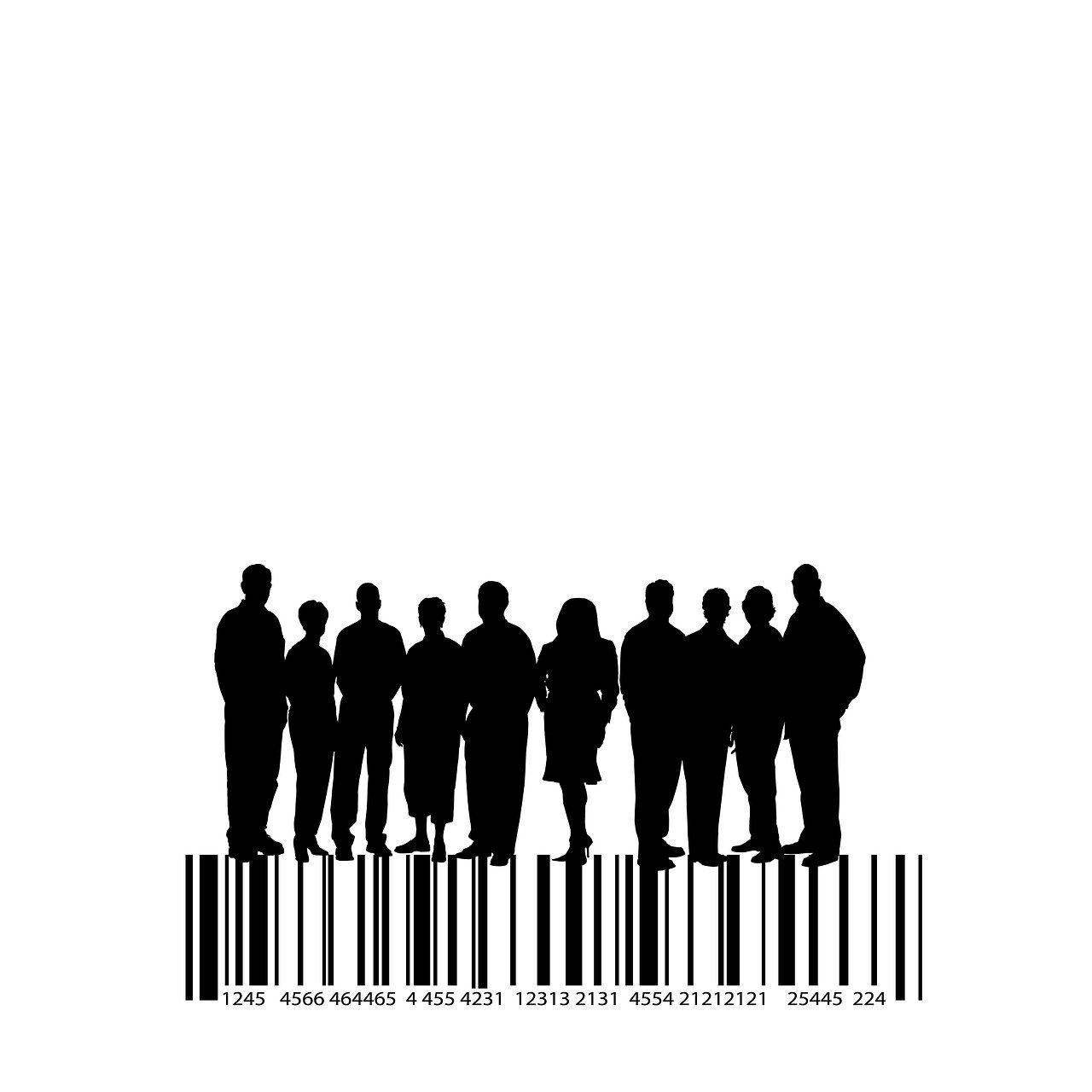 a group of people standing in front of a barcode, by Ramón Silva, unique silhouettes, military industrial complex, refugees, group of seven