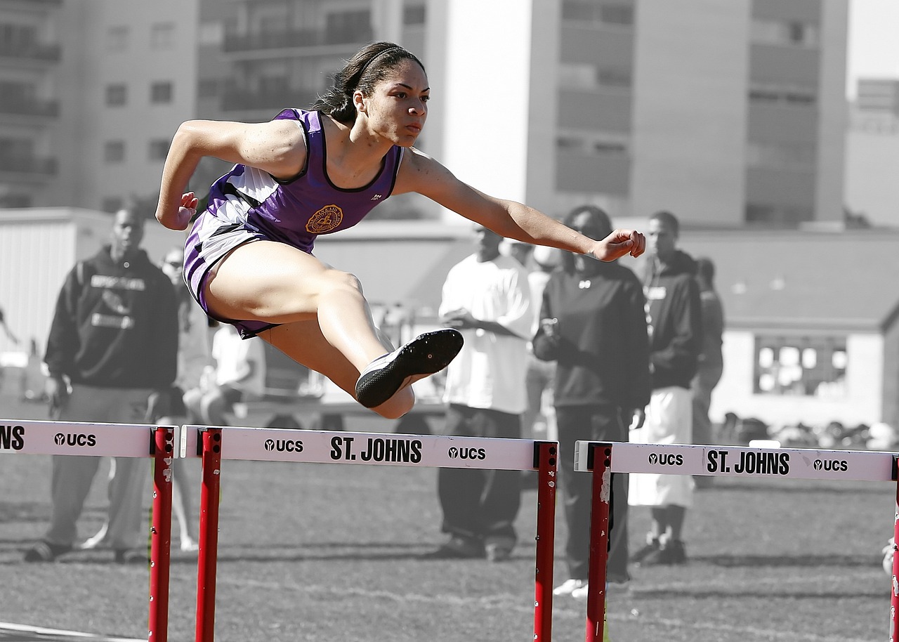 a woman that is jumping over a hurdle, by Hugo Sánchez Bonilla, flickr, purple tubes, very high details, saint womans, half - length photo