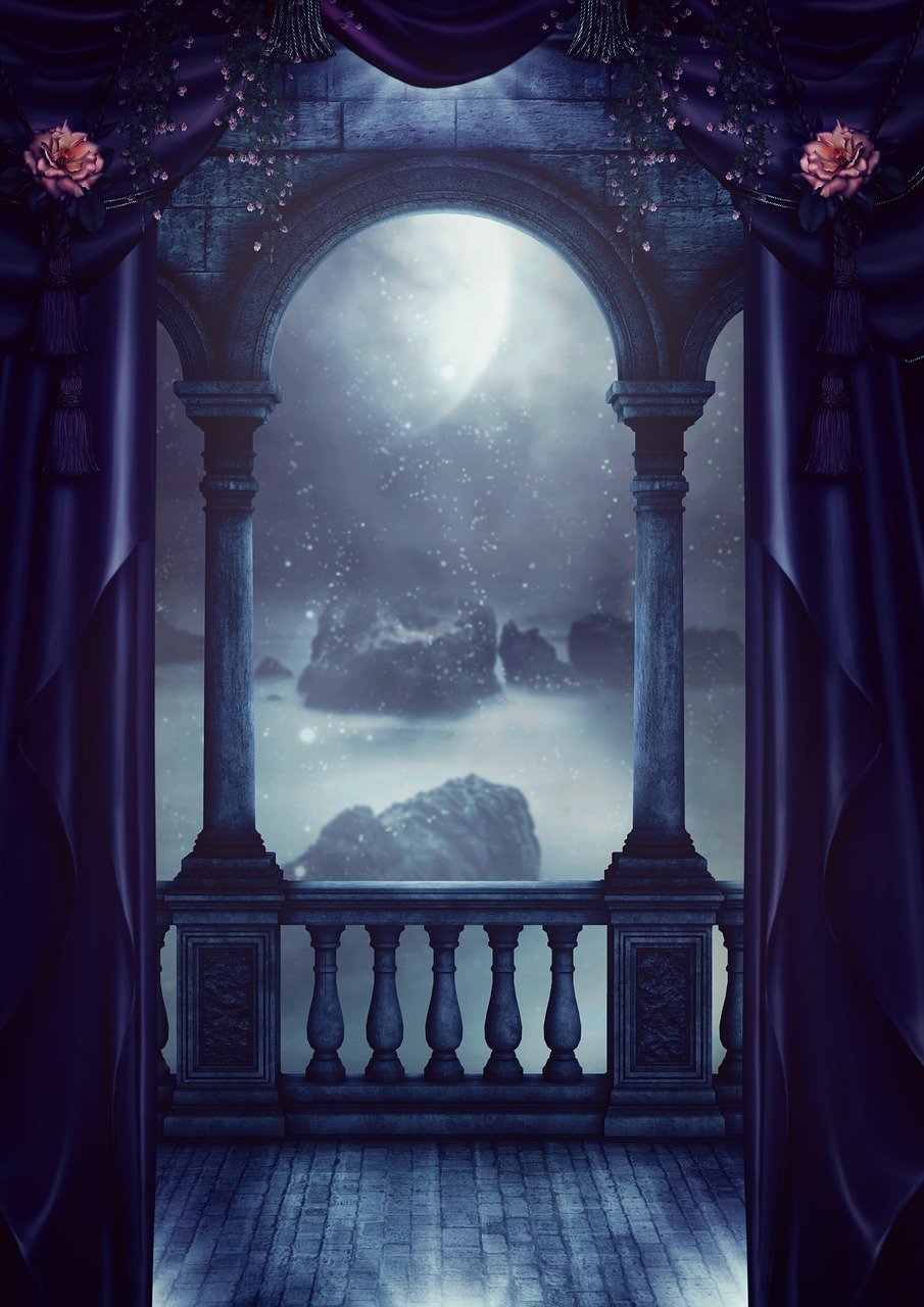 a balcony with a view of a full moon, a matte painting, wonderland portal, dark drapery, tarot card background, dreamy soft