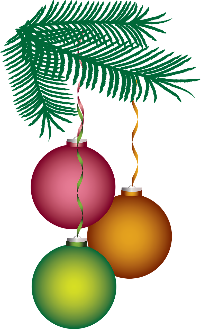 three christmas ornaments hanging from a tree branch, by Melissa A. Benson, digital art, on a black background, palm, screensaver, cartoon image