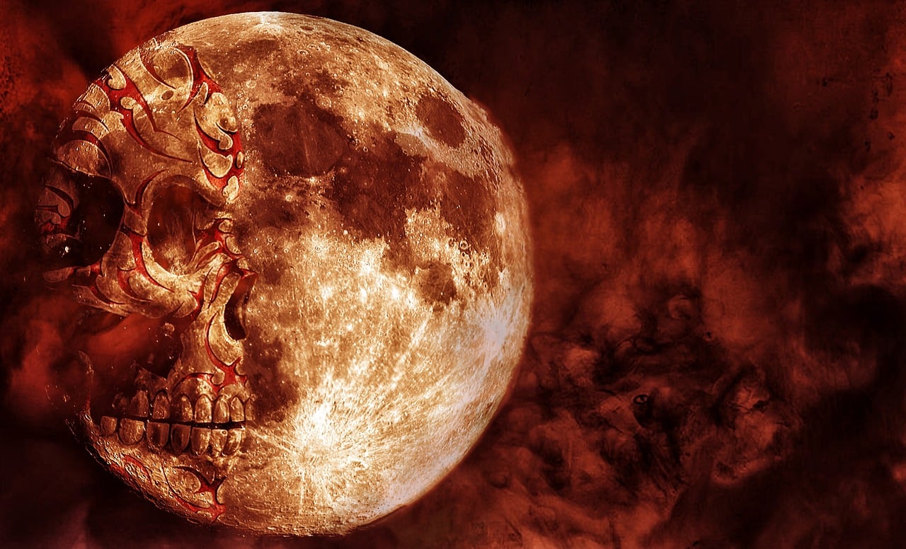 a close up of a skull in front of a full moon, digital art, by John Moonan, pixabay, digital art, epic red - orange moonlight, the final battle in hell, photo manipulation, background image