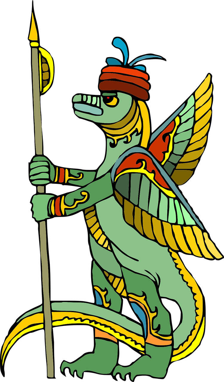 an image of a dragon with a spear, inspired by Ángel Botello, deviantart contest winner, hurufiyya, aztec architecture, color image, a dragon with a hat, harpy woman