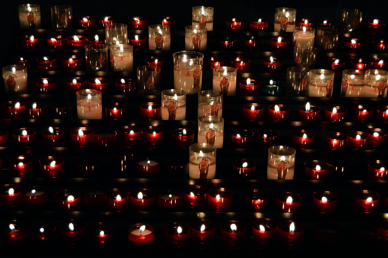 a large group of lit candles in a dark room, a picture, digital art, red and white and black colors, vienna, panels, many small details