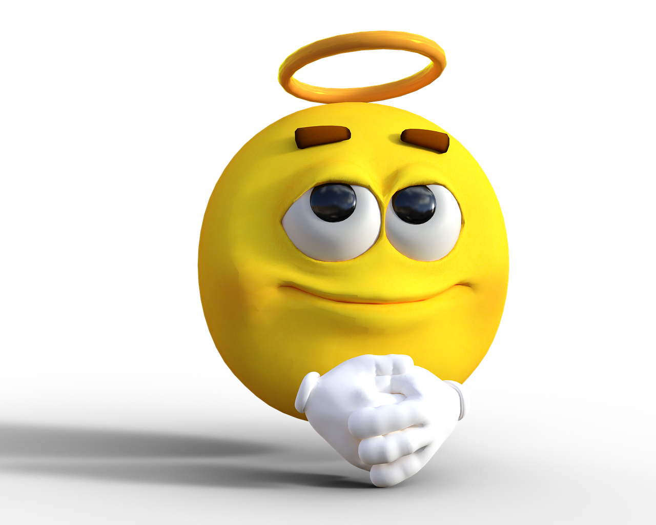 a yellow smiley face with a halo on its head, by Heinz Anger, praying, biblical accurate angel, 3d animated, with a hurt expression