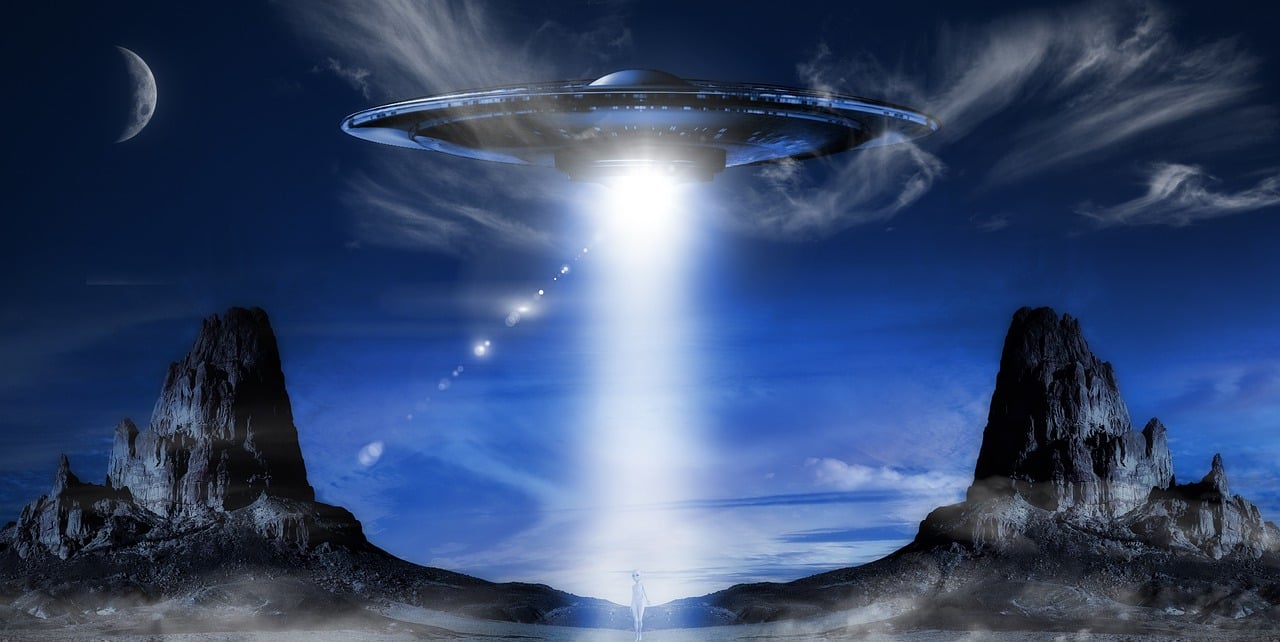 an alien spaceship flying over a desert landscape, a hologram, by Jim Burns, shutterstock, white light halo, abduction, profile picture 1024px, alien abduction