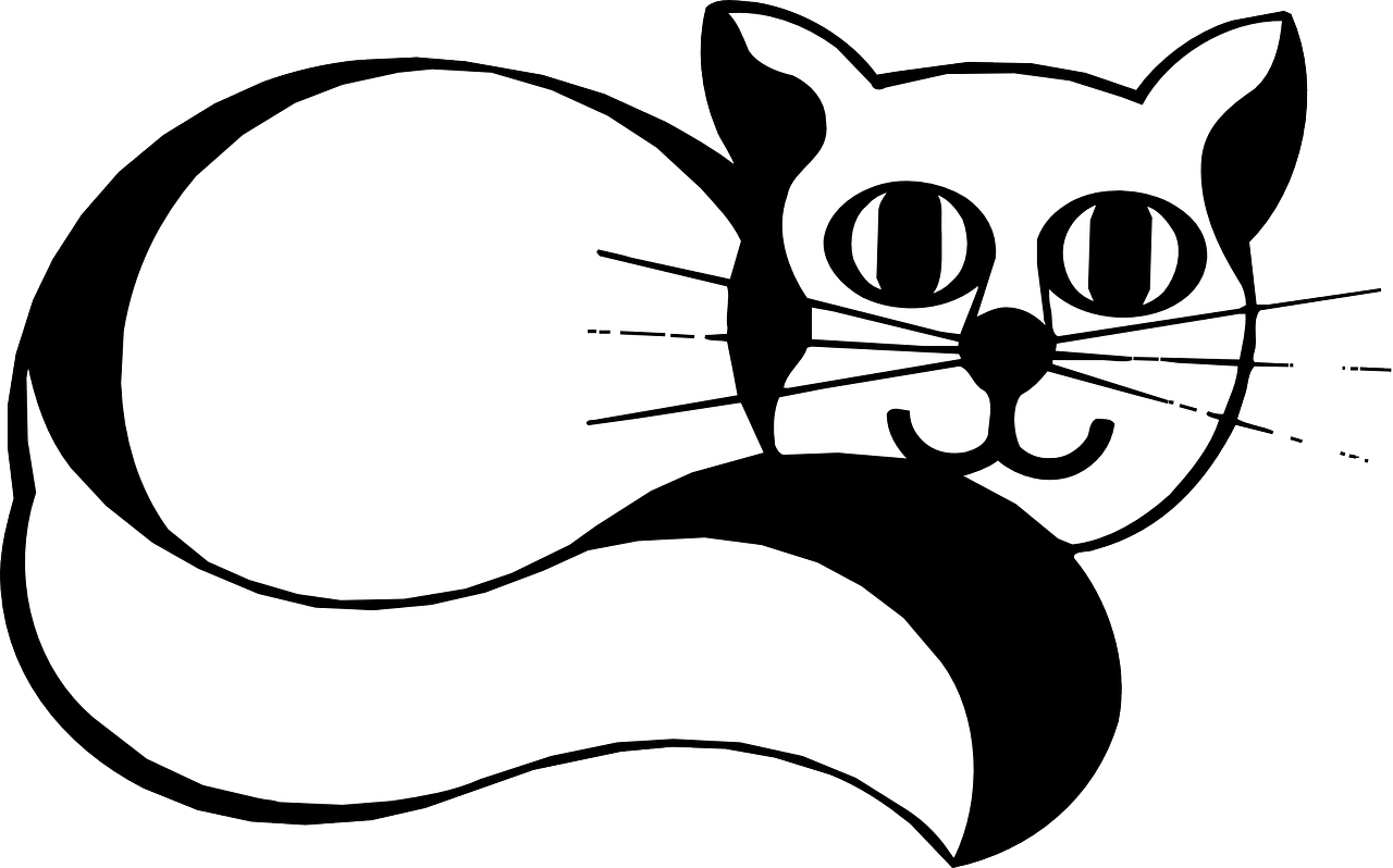 a black and white picture of a cat, lineart, inspired by Will Barnet, pixabay, tail slightly wavy, with big eyes, white on black, clipart