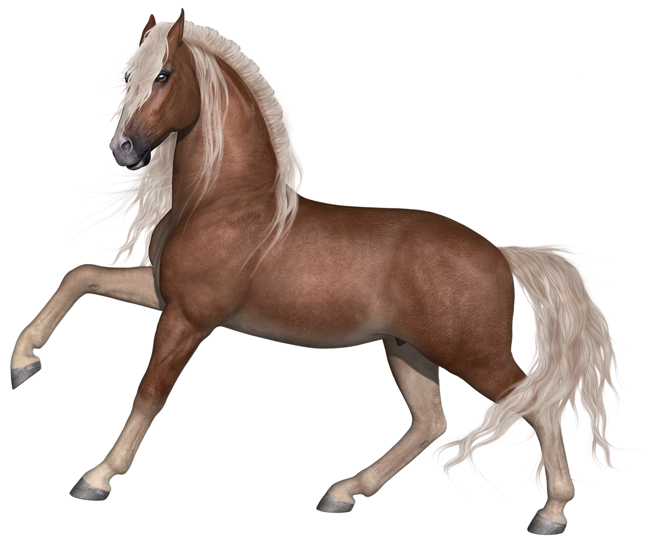 a close up of a horse on a black background, a digital rendering, inspired by John Frederick Herring, Jr., renaissance, modeled in poser, holding a pudica pose, tail slightly wavy, [ [ hyperrealistic ] ]