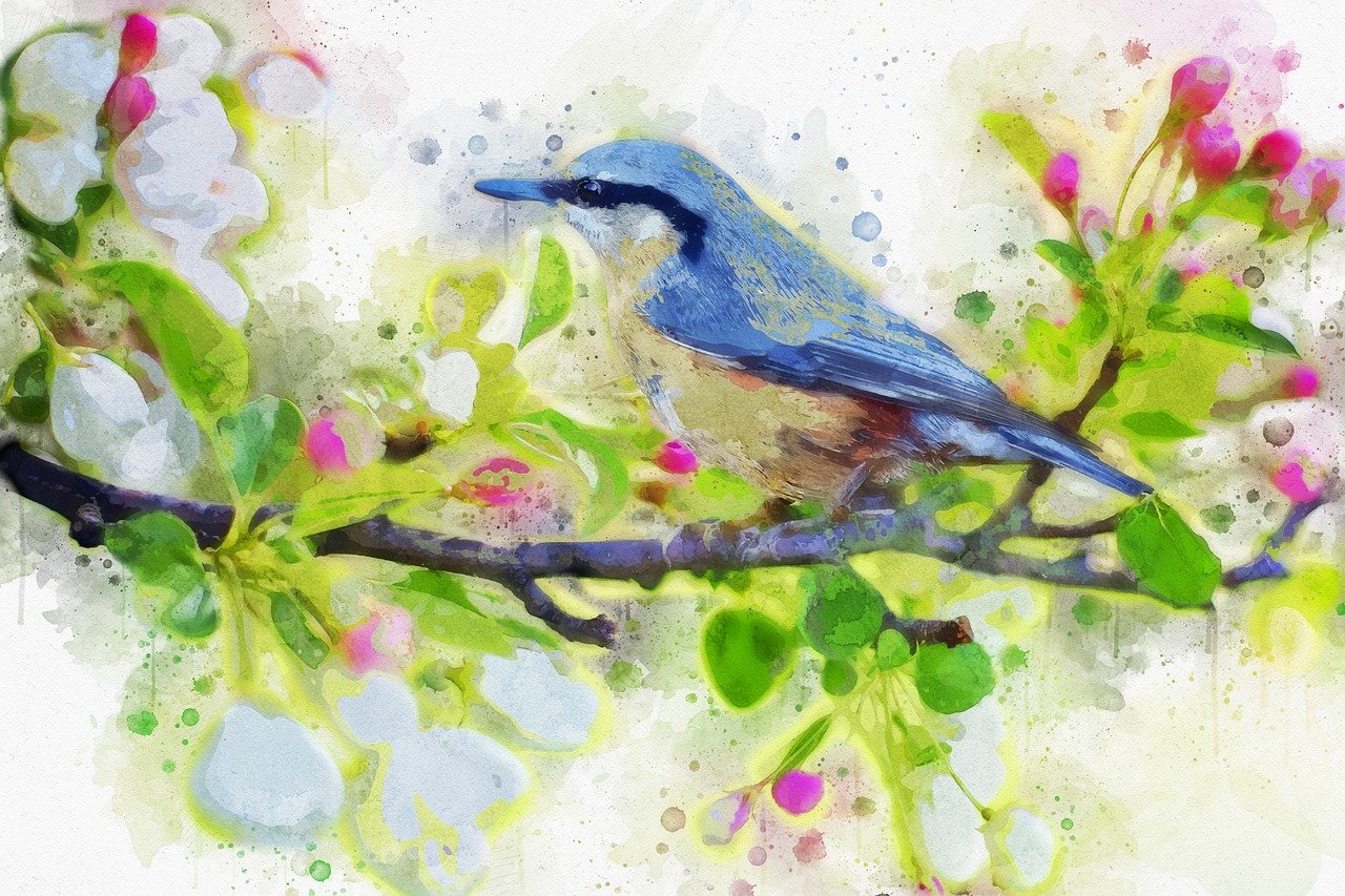 a blue bird sitting on top of a tree branch, a watercolor painting, trending on pixabay, apple blossoms, watercolor texture, high resolution details, canvas print