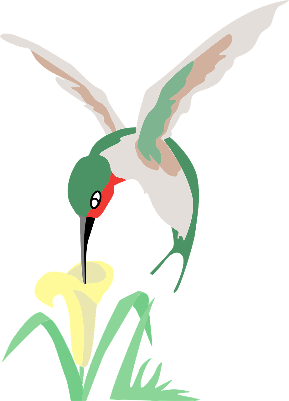 a hummingbird flying over a yellow flower, inspired by John James Audubon, deviantart contest winner, mspaint, melting into lilligant, scarlet emerald, long neck