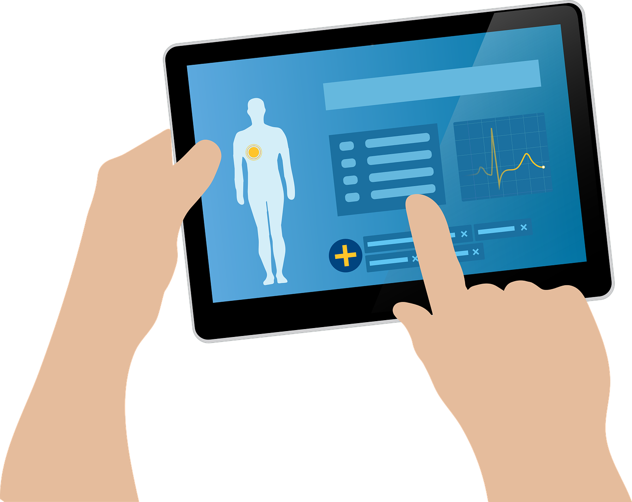 a person holding a tablet with a medical app on the screen, by Julian Allen, pixabay, digital art, on a flat color black background, top half of body, detailed information, stock photo