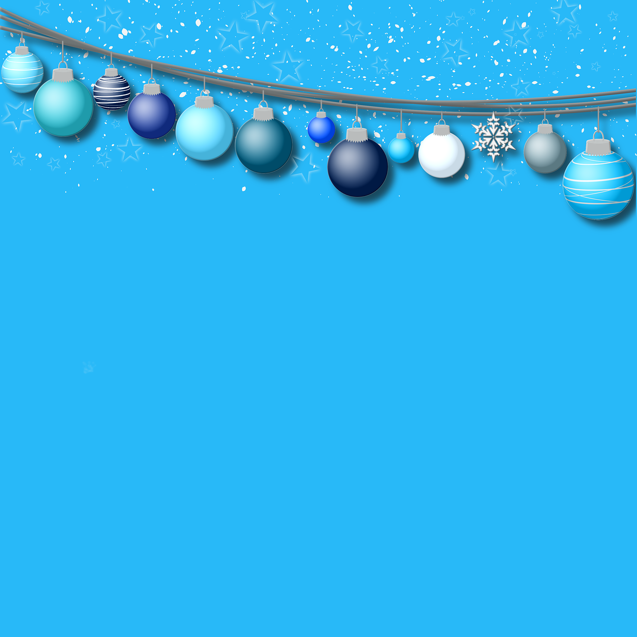 a blue background with christmas balls and snowflakes, hanging cables, realistic 3 d style, right side composition, beads