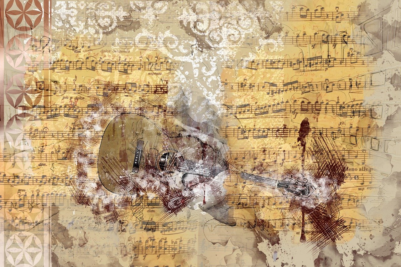 a clock sitting on top of a sheet of music, an album cover, inspired by Girolamo Muziano, trending on pixabay, conceptual art, women playing guitar, torn paper intricate texture, stained”, torn paper smouldering smoke