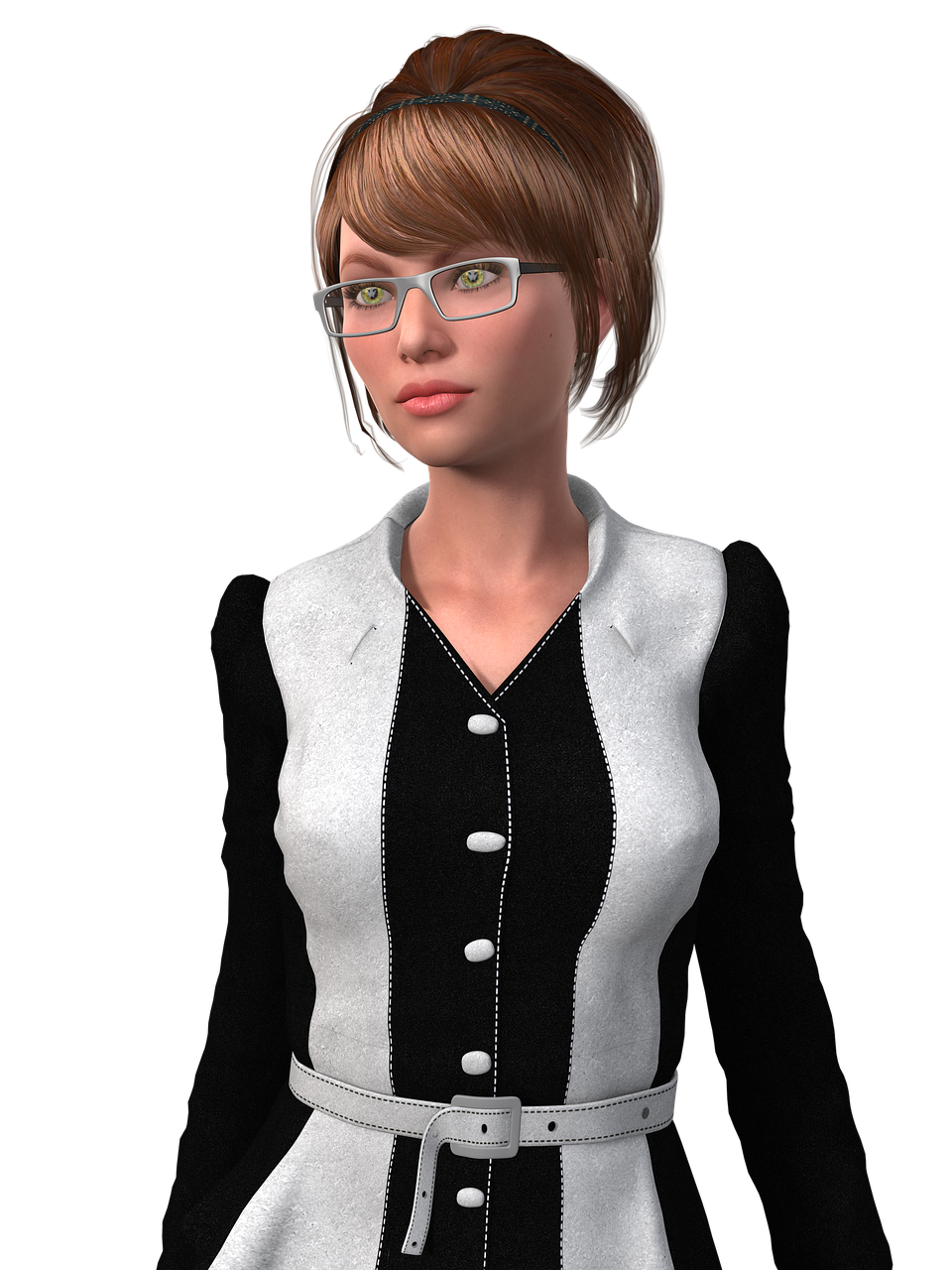 a woman with glasses standing in front of a black background, a character portrait, inspired by Constance Gordon-Cumming, digital art, 3d model rigged, female in office dress, second life avatar, super fine detail