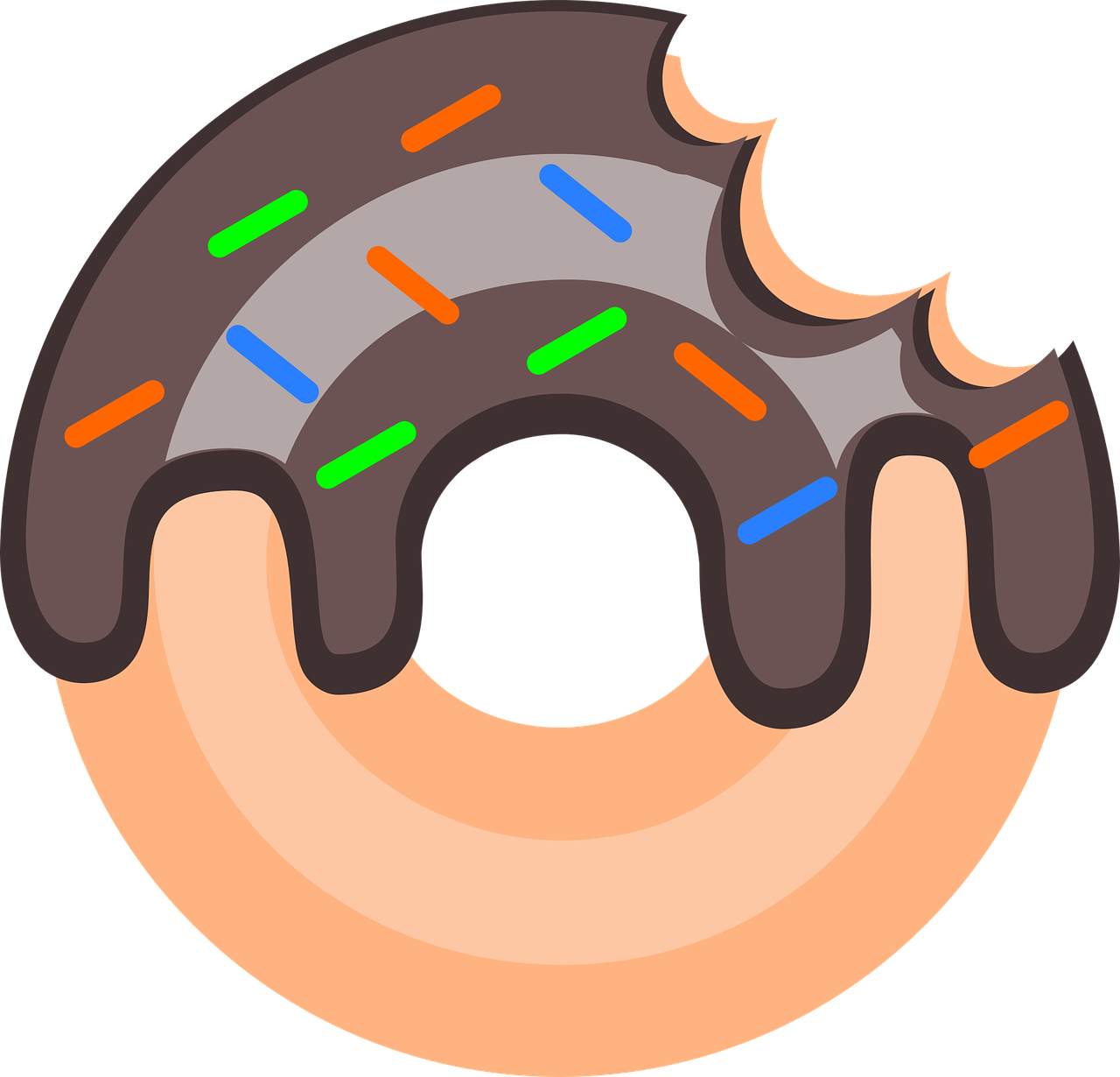 a donut with chocolate icing and sprinkles, a digital rendering, by Winona Nelson, pixabay, flat icon, black!!!!! background, full color illustration, cartoon style illustration