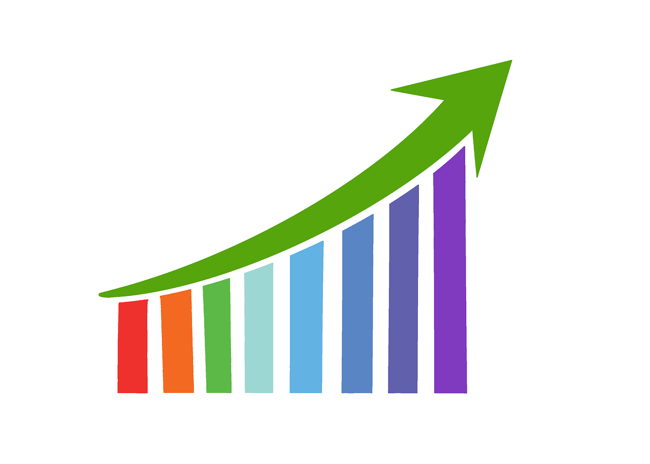 a colorful bar chart with an arrow pointing upward, by Whitney Sherman, trending on pixabay, art deco, brand colours are green and blue, lesbian, white bg, tail raised