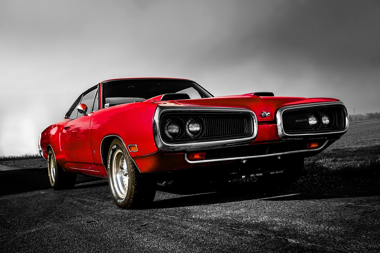 a red muscle car parked on the side of a road, a pastel, by Etienne Delessert, pexels contest winner, cobra, red black white colors, mopar, front lit, 4k uhd wallpaper