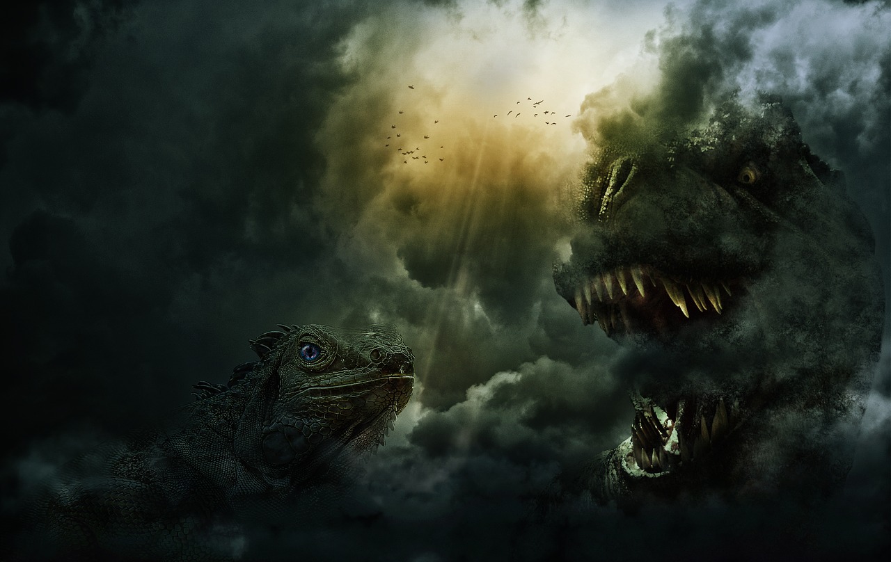 a close up of two godzillas in a cloudy sky, a picture, by Adam Marczyński, deviantart, horror photo, mouth of hell, jormungandr, ad image