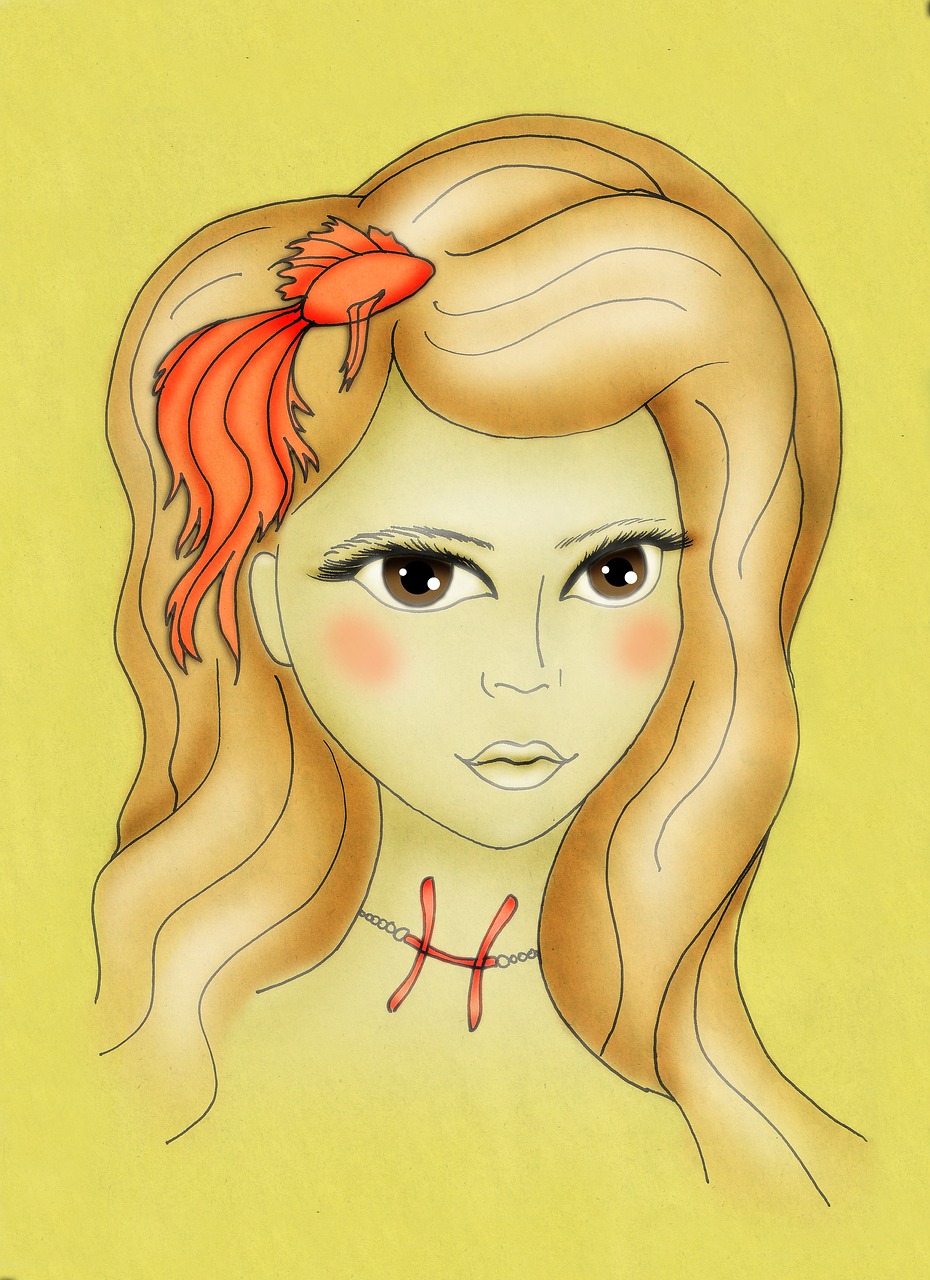 a drawing of a girl with a red bow on her head, inspired by Sakai Hōitsu, deviantart contest winner, pop surrealism, goldfish, warm color scheme art rendition, detail shot, seventies era