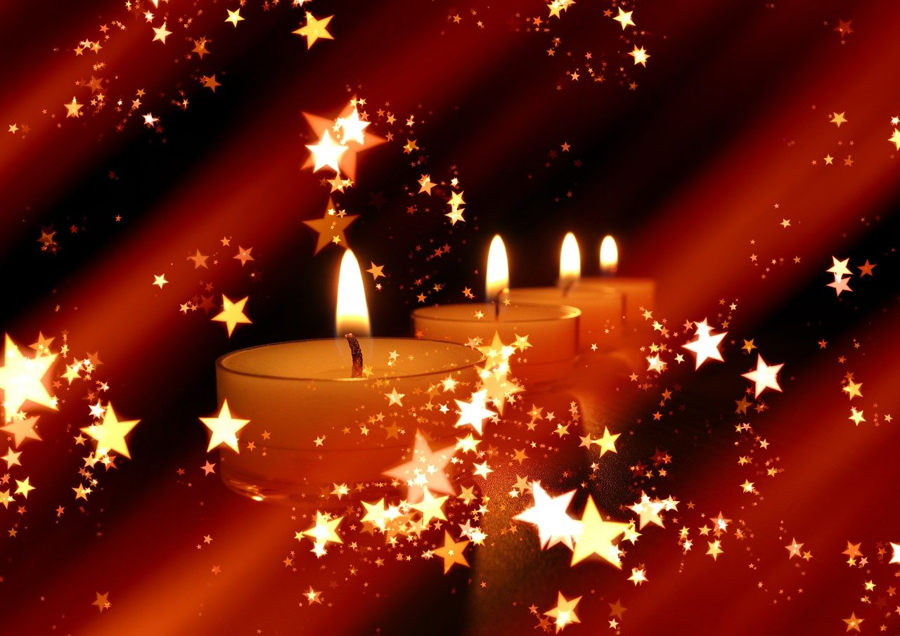 a group of three lit candles surrounded by stars, digital art, closeup photo, watch photo, computer generated, amber