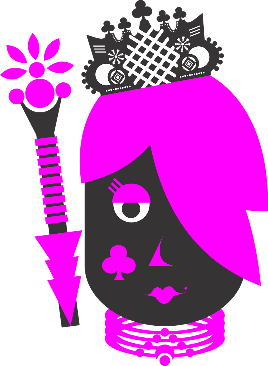 a girl with pink hair and a crown on her head, inspired by Mary Blair, deviantart, toyism, ace of spades, posterized color, mascot illustration, high contrast illustration