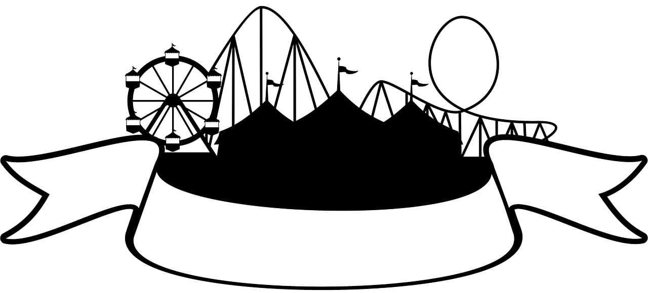 a black and white drawing of a hat with a ferris wheel in the background, pixabay contest winner, superflat, full view blank background, inside a circus tent, rollercoaster, no - text no - logo