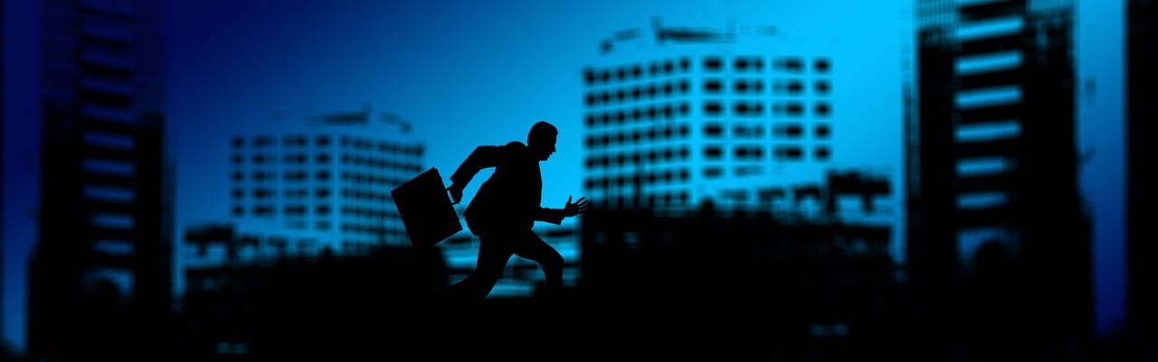 a couple of people that are walking in the street, a stock photo, by Elias Ravanetti, pixabay contest winner, digital art, office background, sprinting, silhouette of a man, at nighttime