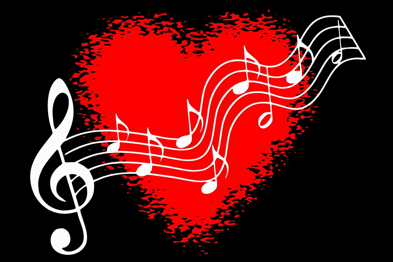 a red heart with music notes on it, an album cover, pixabay, romanticism, billboard image, red and white and black colors, festivals, artistic!!! composition