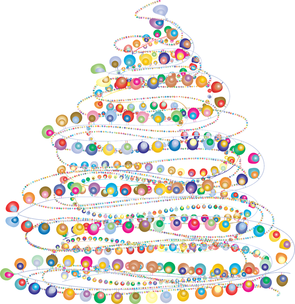 a multicolored christmas tree on a black background, generative art, beads, funny, sprial, various artists