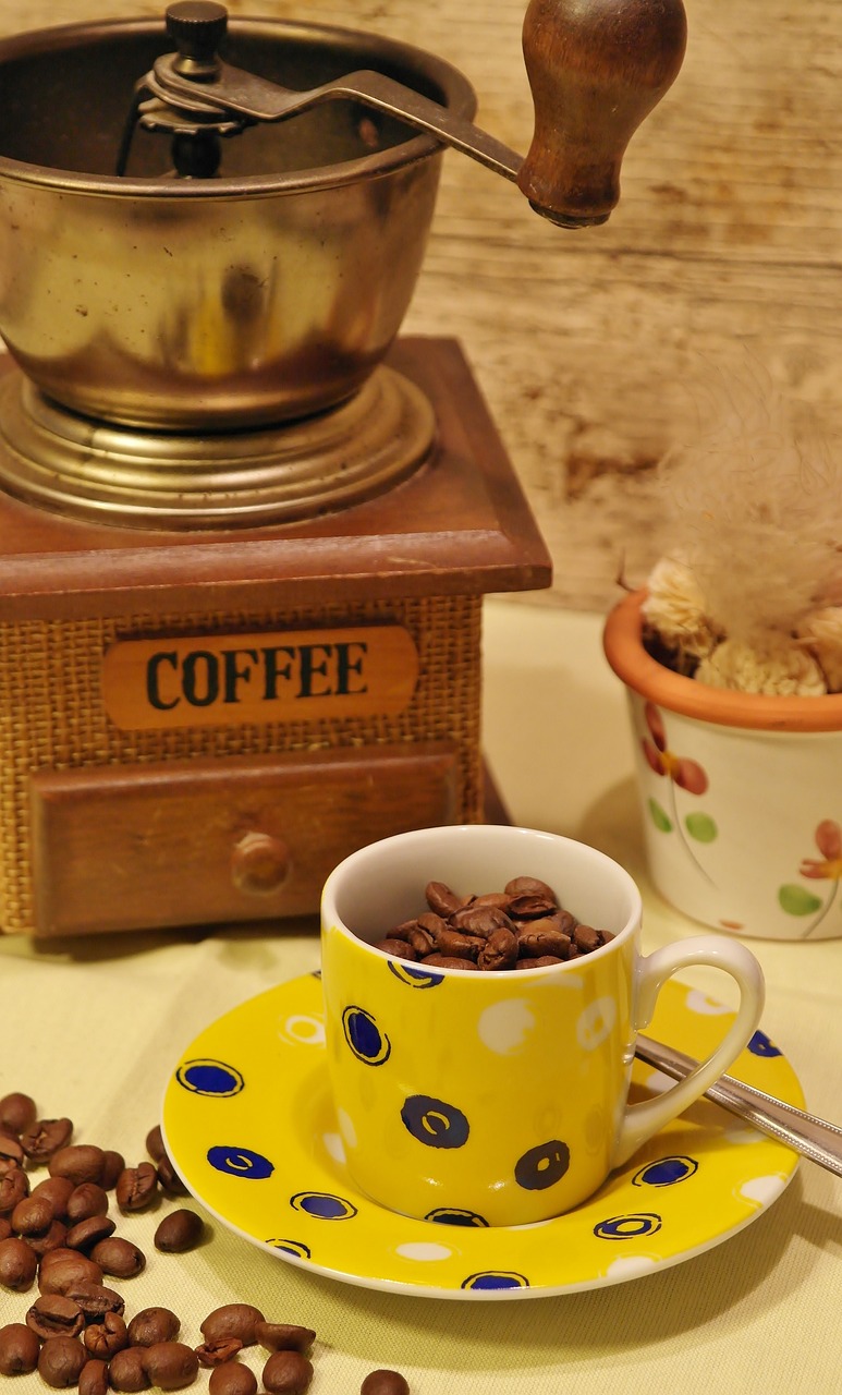 a coffee grinder sitting on top of a table next to a cup of coffee, inspired by Antonín Chittussi, flickr, miniatures, [ closeup ]!!, polka dot, indoor picture