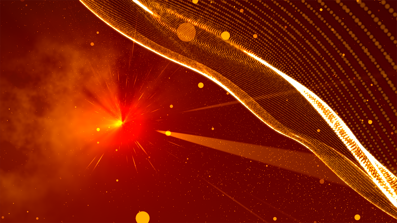 a red light shines brightly on a dark background, digital art, golden meteors, on a red background, explosion of data fragments, orange ray