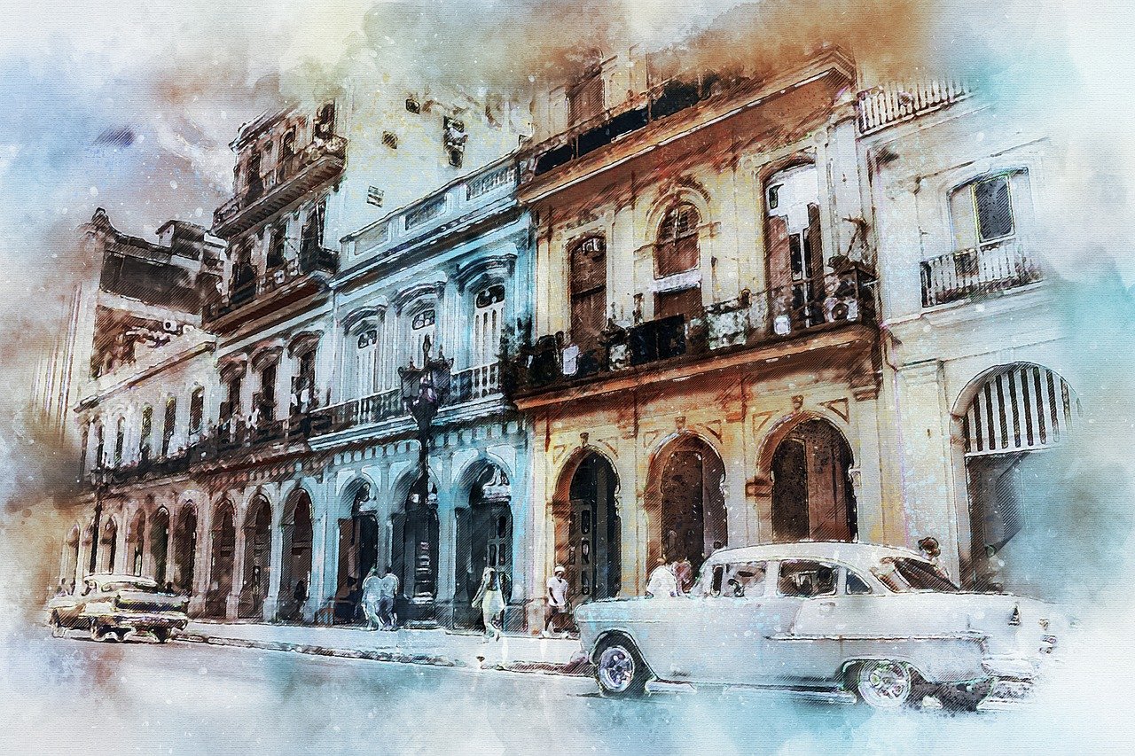 a painting of a car parked in front of a building, a colorized photo, by Lucia Peka, pixabay contest winner, modern european ink painting, cuban revolution, winter, watercolor artwork of exotic, beautiful art uhd 4 k