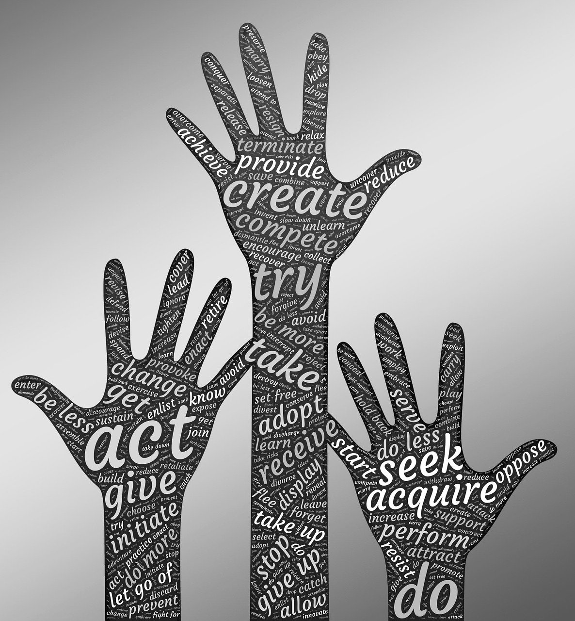 a group of hands with words all over them, a picture, pixabay, skill ability art, action, mostly greyscale, stock photo