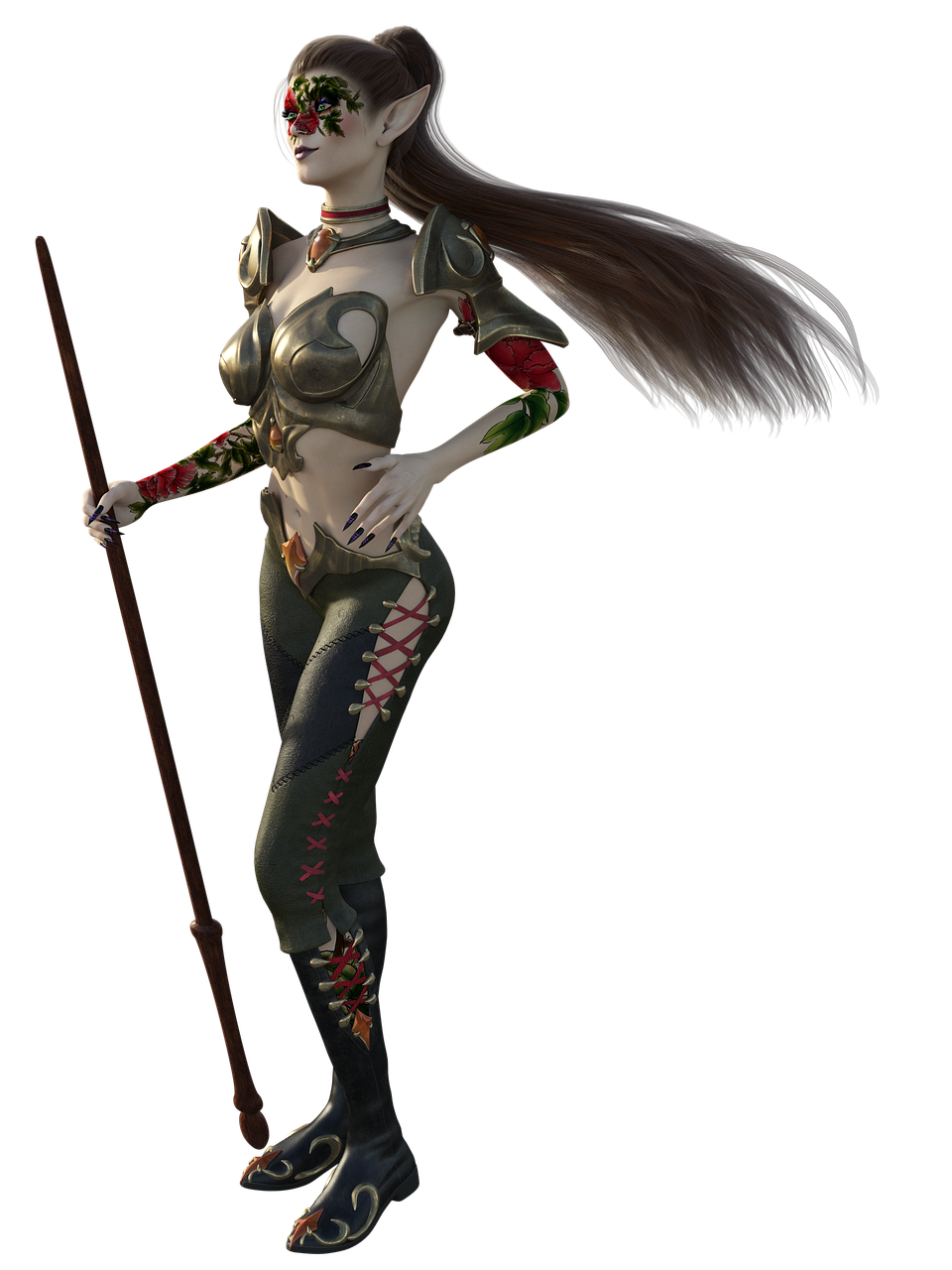 a woman that is standing with a stick, a raytraced image, inspired by senior character artist, fantasy art, wearing witchblade armor, elf queen nissa genesis mage, floralpunk elysian maiden, sfm render