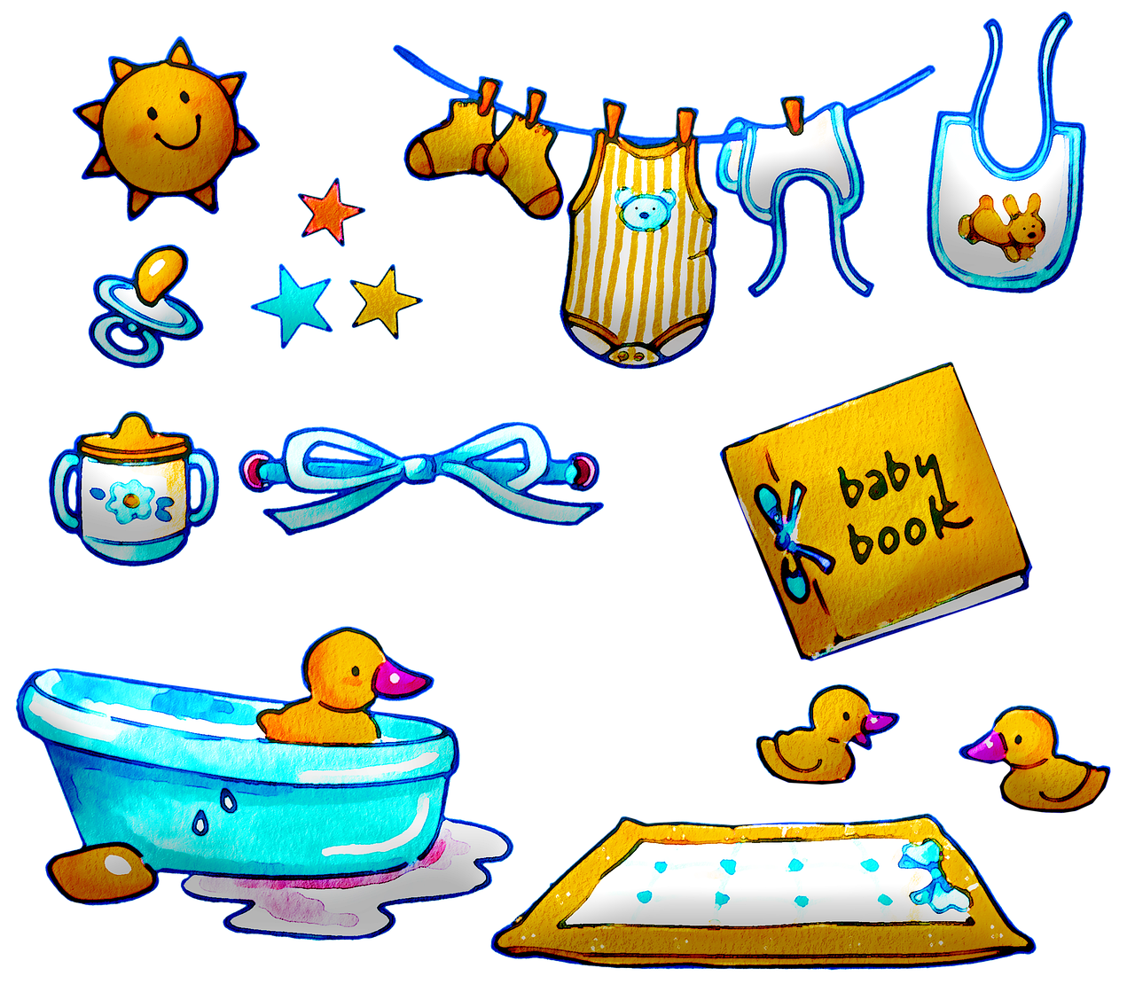 a collection of baby items on a black background, a digital rendering, tumblr, process art, rubber duck, けもの, fully decorated, glowing blue interior components