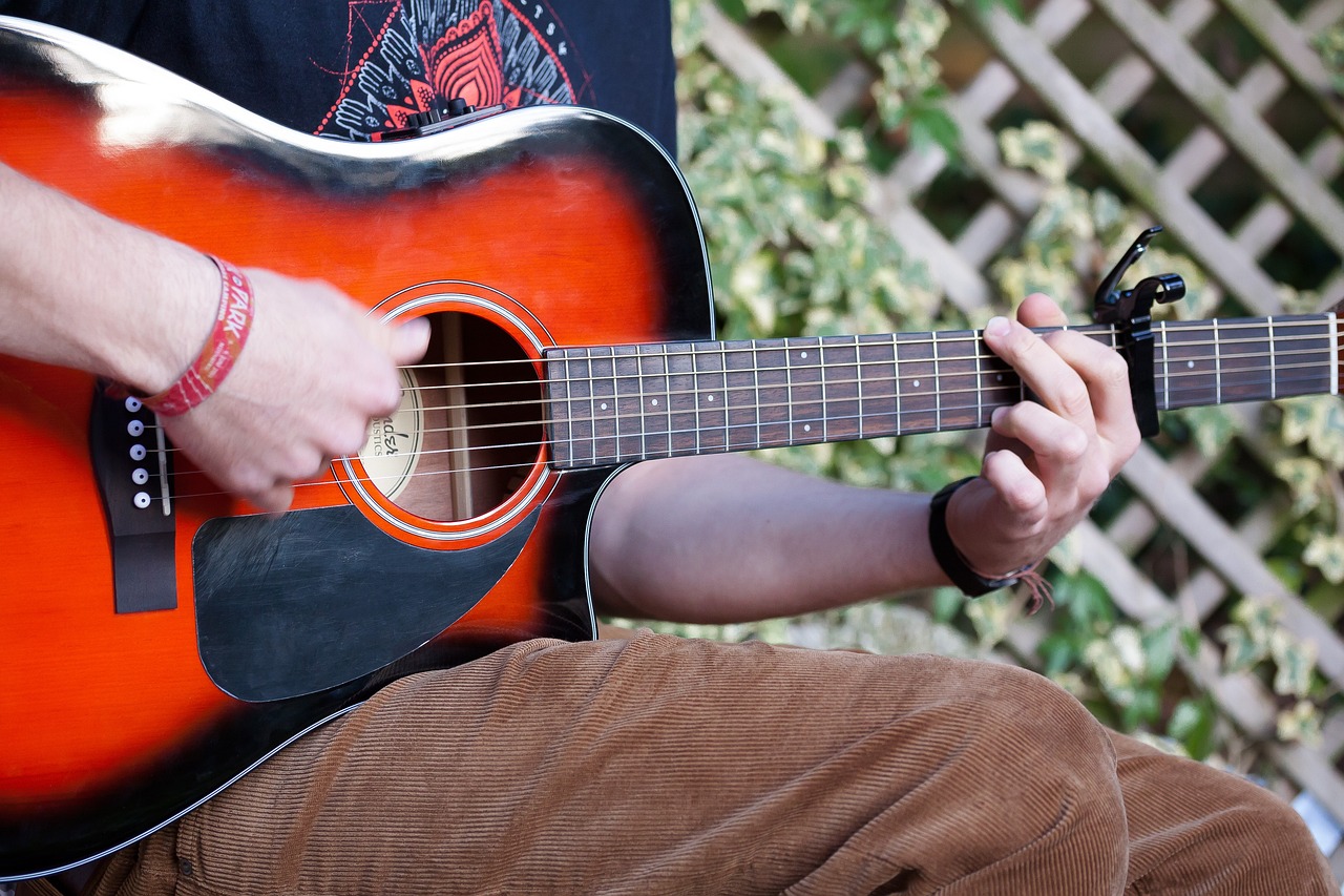a close up of a person playing a guitar, by Dan Content, pixabay, against the backdrop of trees, sitting with wrists together, paul carrick, full res