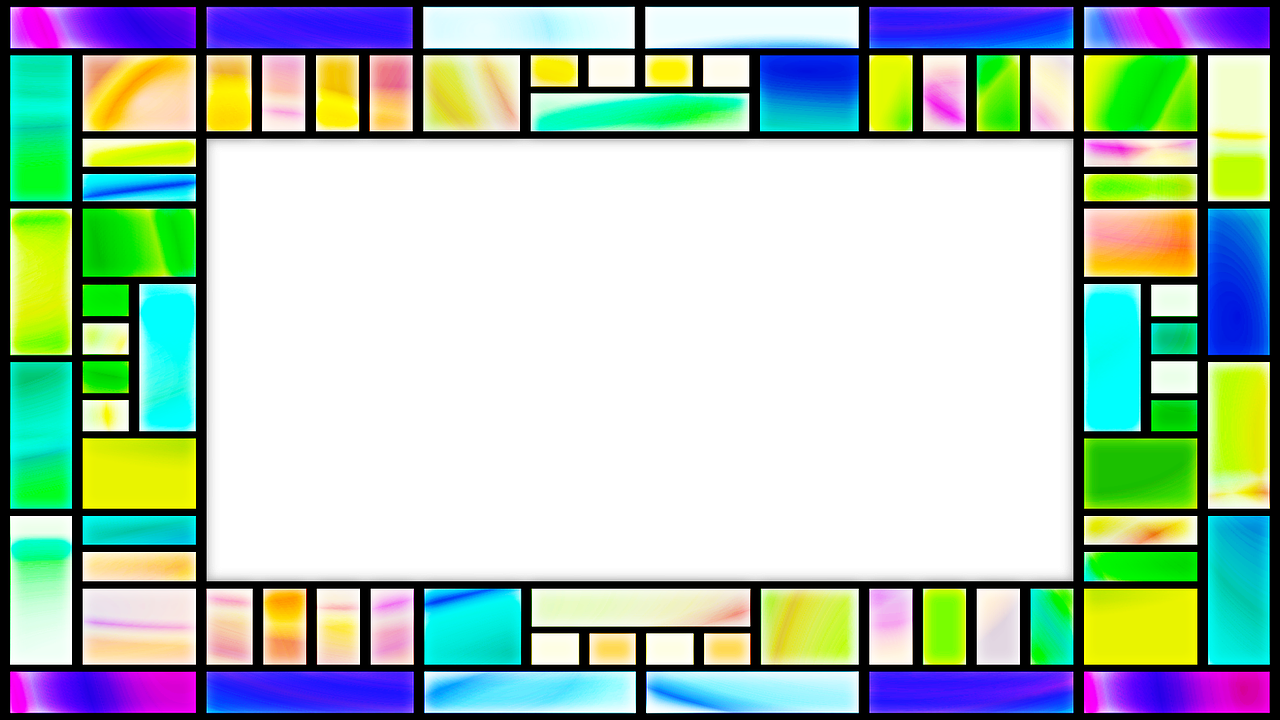 a colorful stained glass frame with a black background, inspired by David Small, flickr, video art, unreal with on gradient, grayish, full resolution, rectangles