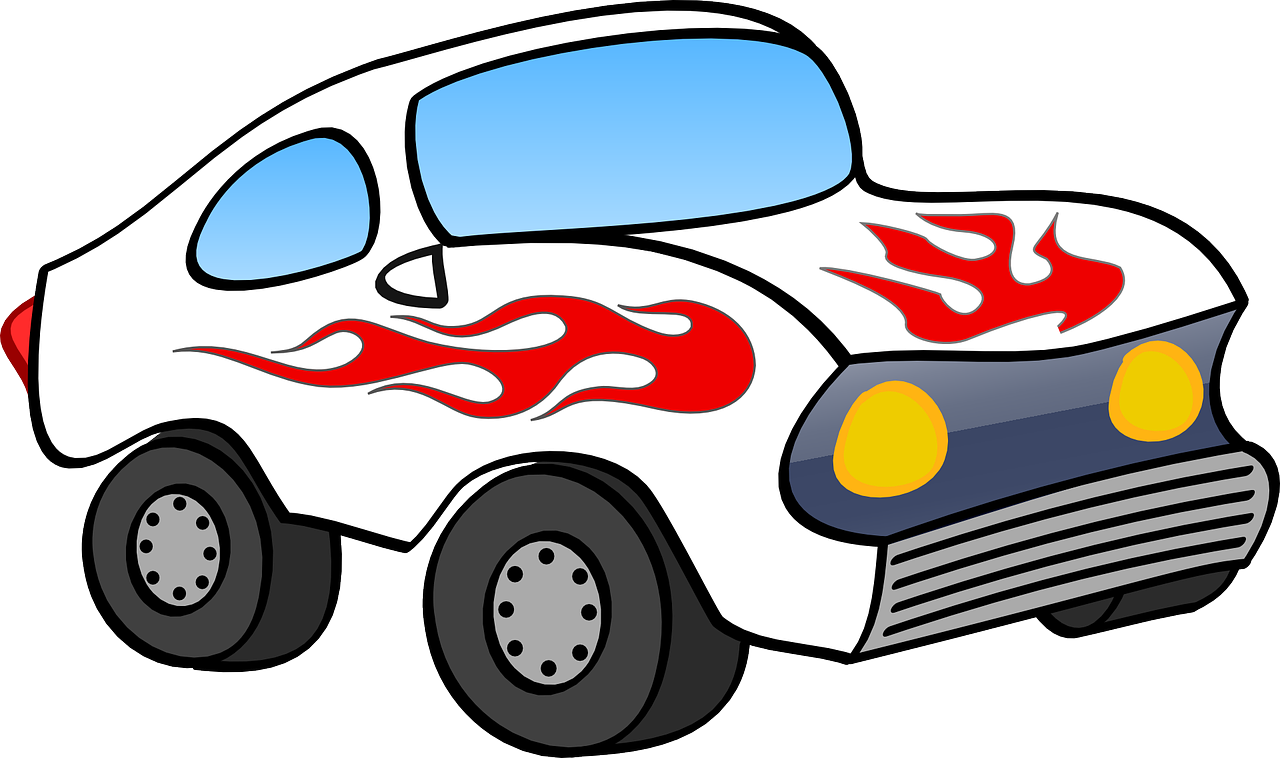 a cartoon car with flames on the hood, a cartoon, by Gene Davis, pixabay contest winner, white, toys, speed racer, spitfire