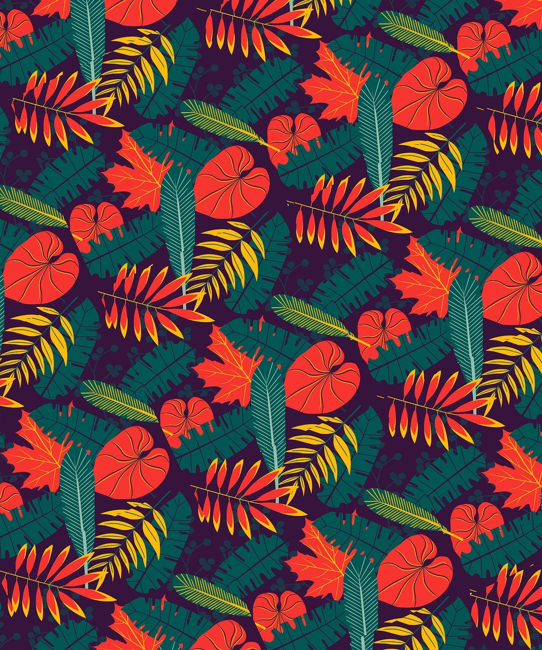 a pattern of leaves and flowers on a dark background, vivid and vibrant, tropical style, red orange and yellow leaves, stylised flat colors