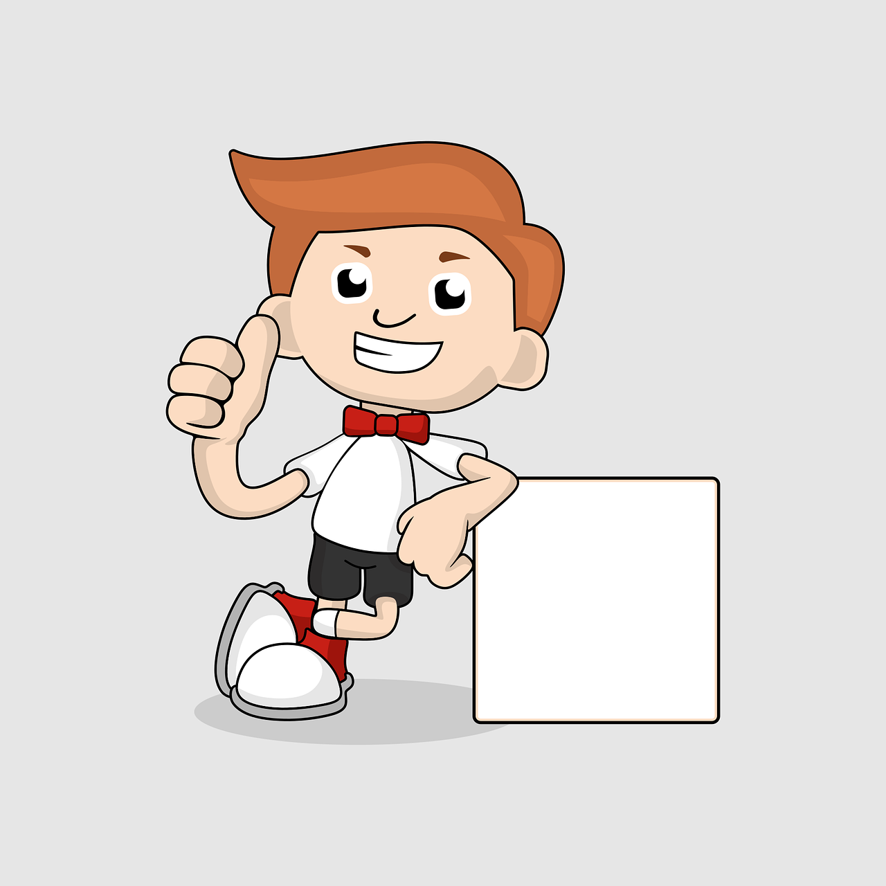 a cartoon boy holding a sign and giving a thumbs up, a cartoon, conceptual art, red hair and attractive features, clean lineart and flat color, on grey background, mascot illustration