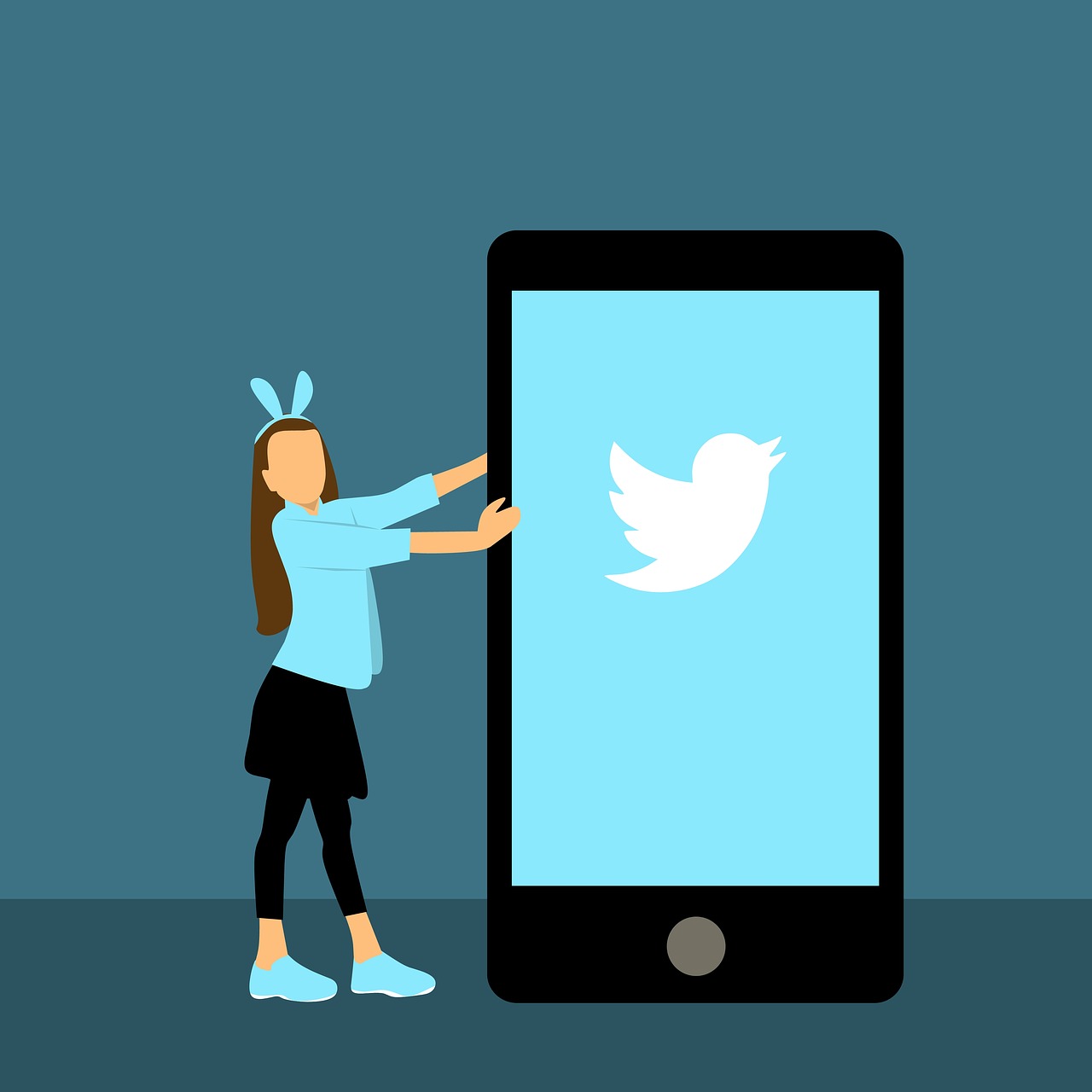 a woman standing next to a phone with a twitter logo on it, a cartoon, by Paul Bird, trending on pixabay, happening, wikihow illustration, minimalistic illustration, stock photo