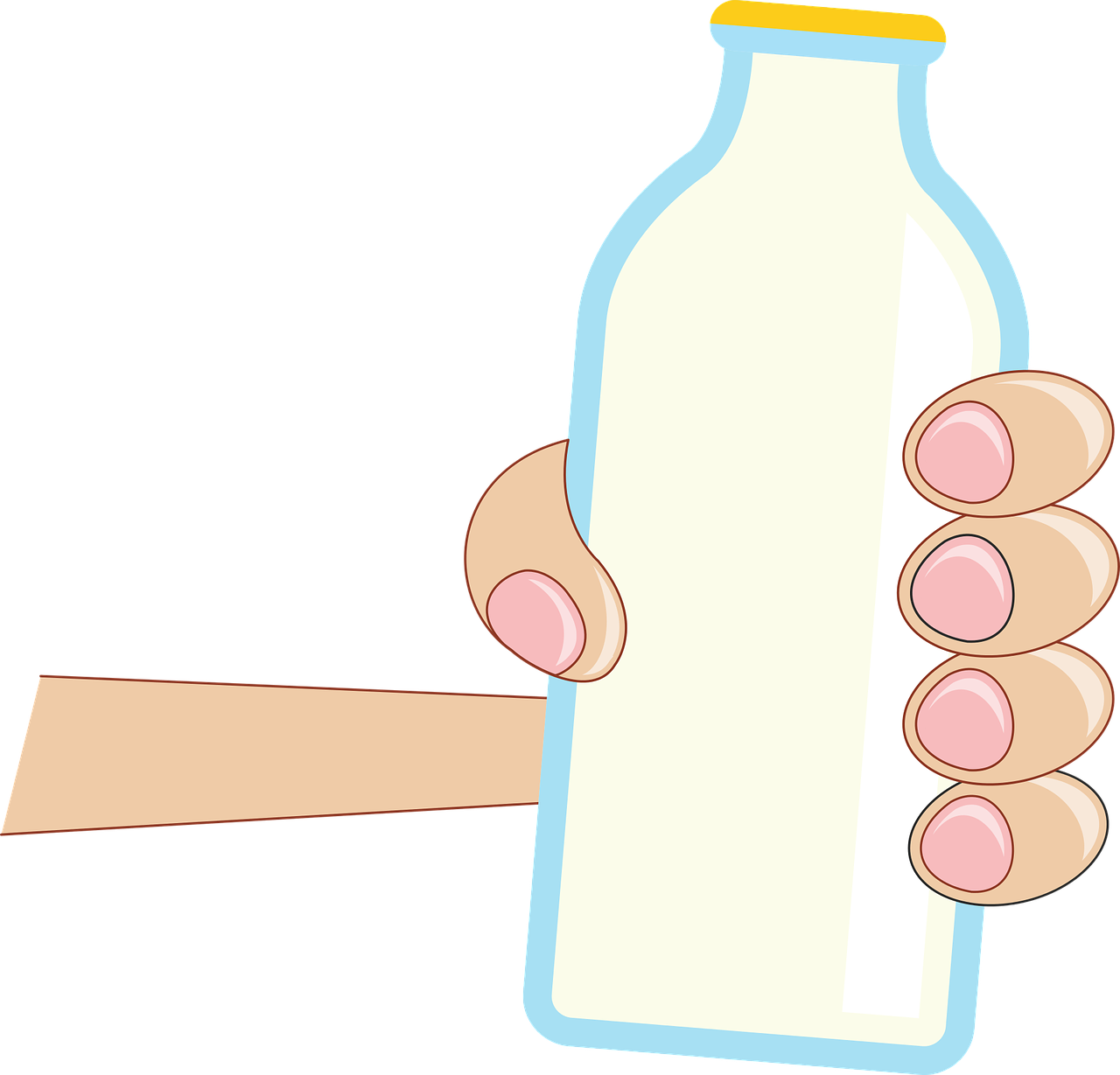 a hand holding a bottle of milk, by Hugh Hughes, pixabay, conceptual art, no gradients, super detail of each object, cuts, mule
