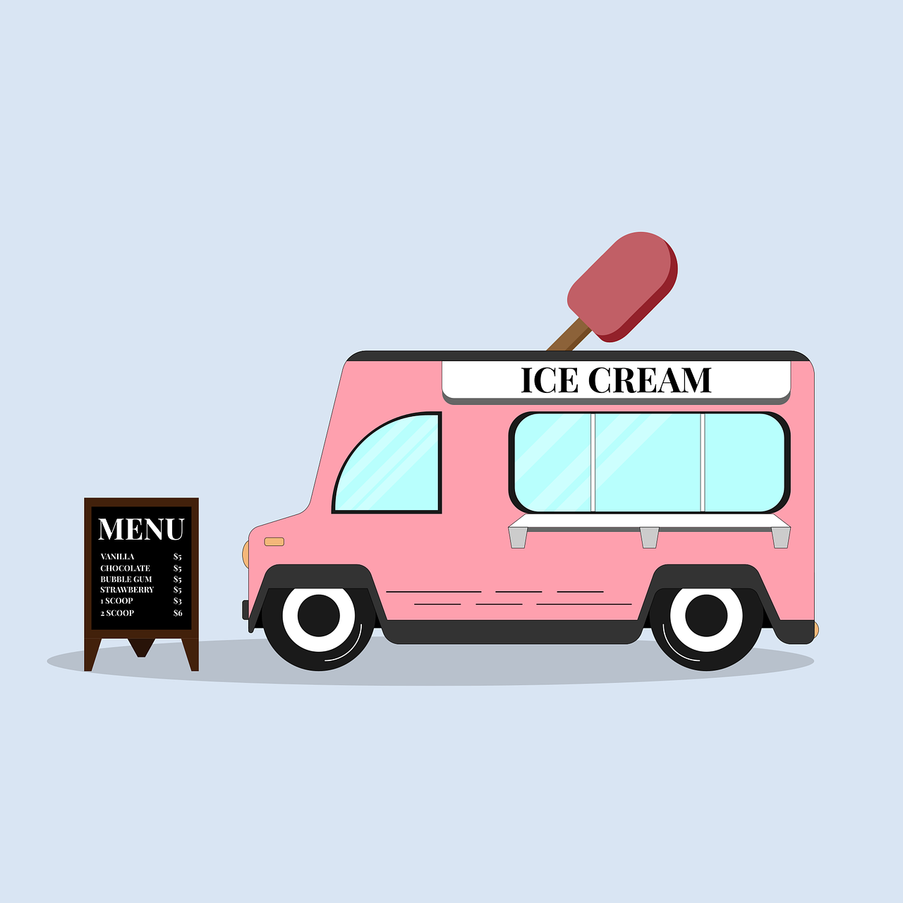 a pink ice cream truck with a sign next to it, an illustration of, conceptual art, flat design, car design, a beautiful artwork illustration, food