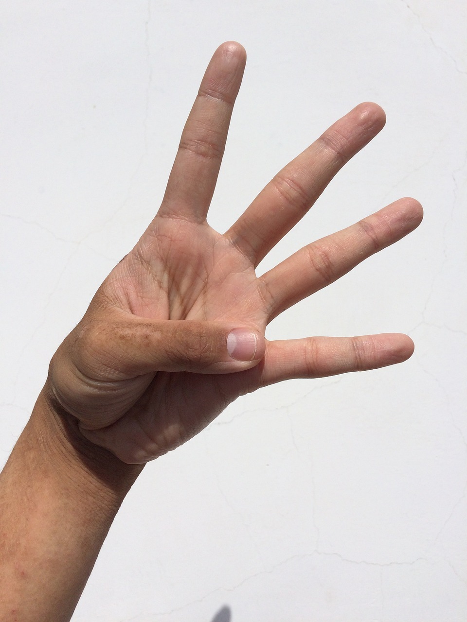 a person holding their hand up in the air, a stock photo, hyperrealism, hand with five fingers, three fourths view, 45 degrees from the side, has horns: a sharp