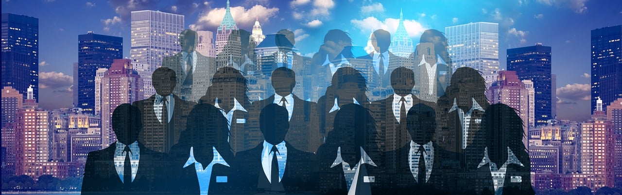 a group of business people standing in front of a city skyline, a picture, by Jeanna bauck, conceptual art, detalized new york background, faces covered in shadows, white collar, information